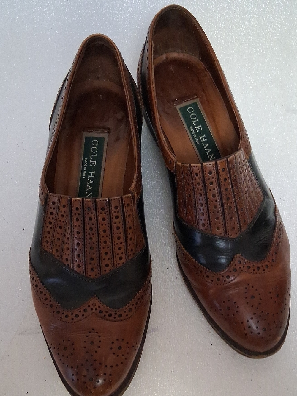 Cole Haan Two-Tone Brown and Black Leather Brogue Slip-Ons